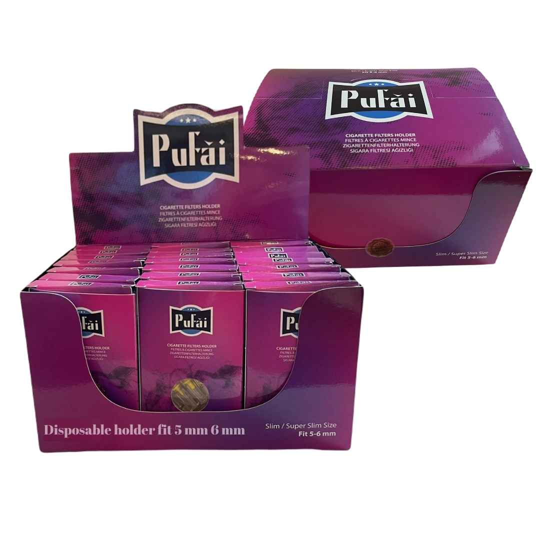 PUFAI Slim Cigarette Filters 5–6 mm 600 Pieces – 24 Purple Boxes