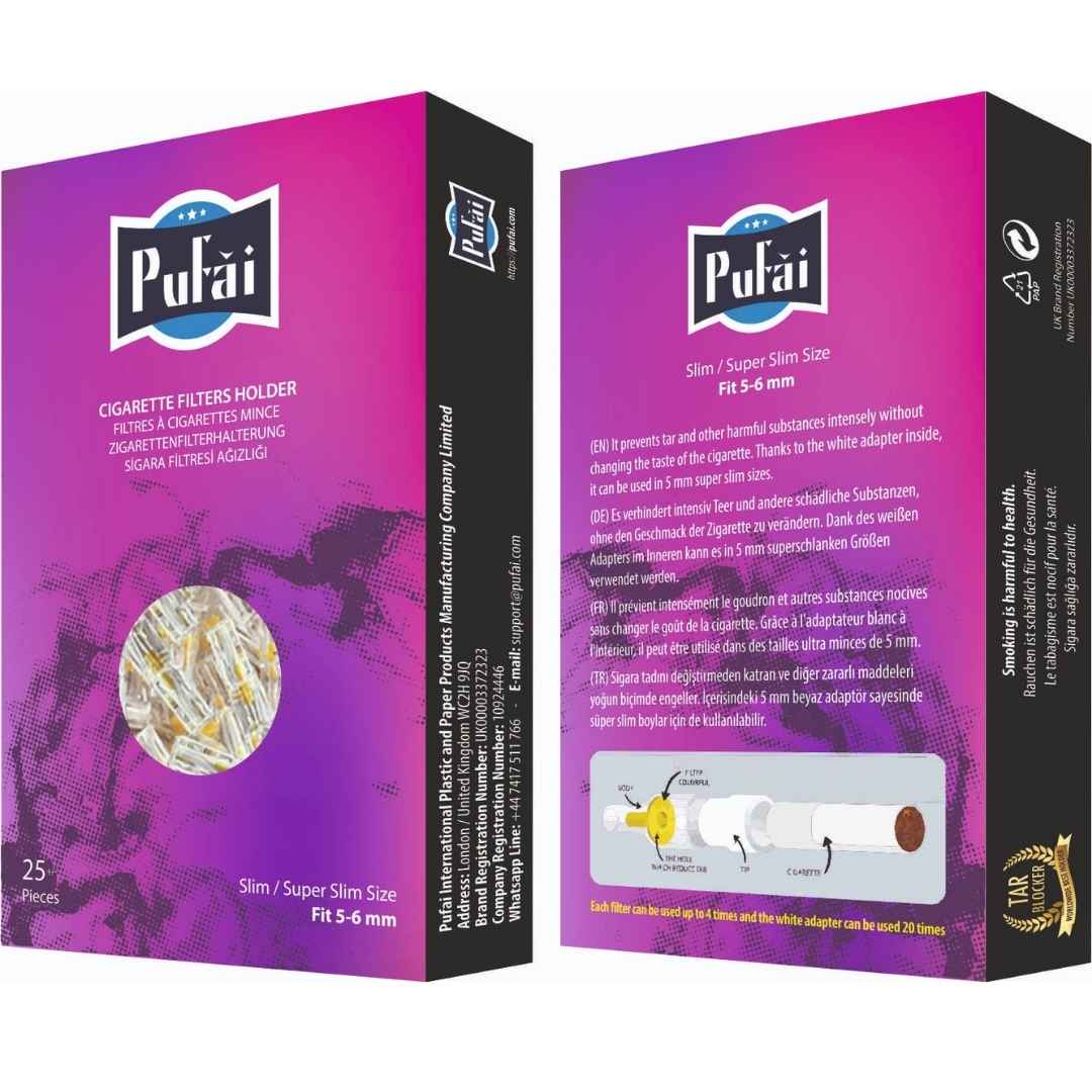 PUFAI Slim Cigarette Filters 5–6 mm 600 Pieces – 24 Purple Boxes - Image 3